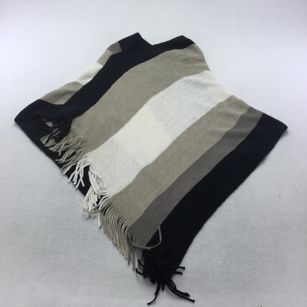 Guess Sweater Cape Womens One Size Black Gray Striped Fringe Knit Poncho